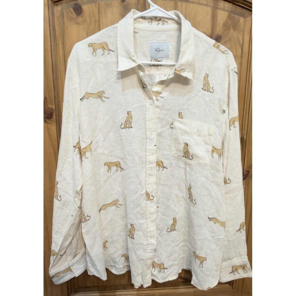 Rails Charli Shirt L Ivory Bengal Cheetah Print Linen Blend Button Down Top